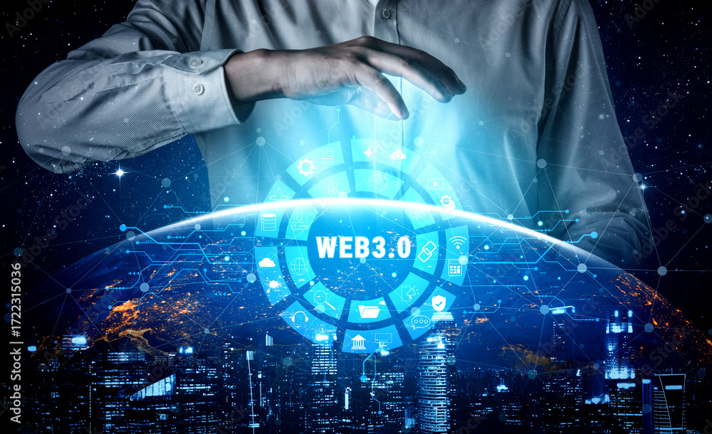 Poster the web 3.0 technology ecosystem and its digital applications. an interface showcasing the various c