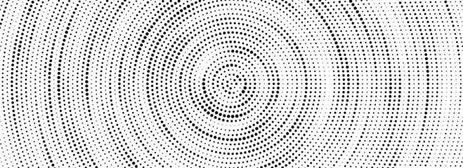 Black halftone concentric circle texture. Rippled repeating sound wave ring wallpaper. Dotted radial gradient background. Vector rasterized backdrop for vibration, epicenter, target, radar signal