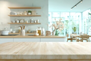 Fototapeta premium Wooden Table Top In Front Of Modern Kitchen Interior