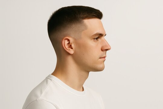Clean studio side profile portrait of young man with fresh low fade haircut on pure white background minimalist headshot lighting modern grooming