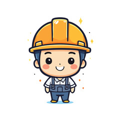 Funny cartoon builder character with thumb up wearing hardhat and uniform vector illustration