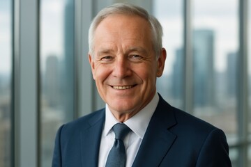 Naklejka premium Confident senior executive with silver hair smiling in modern glass office leadership mentor vibe clean corporate style with skyline view and soft daylight