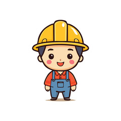Funny cartoon builder character with helmet wearing uniform and hardhat working construction site vector illustration