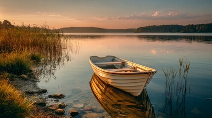 Fototapeta premium Peaceful lakeside sunrise rowboat