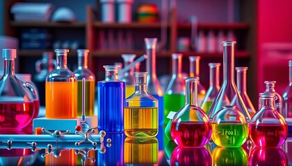 Colorful chemical glassware and molecules on a lab table,   molecular model,   science banner image