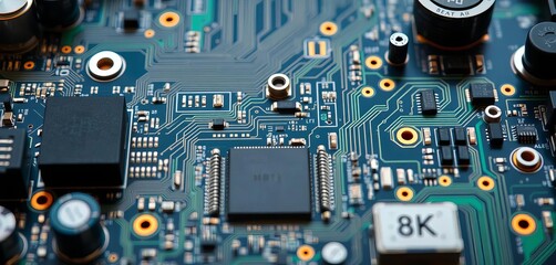 Fototapeta premium Close-up of complex circuit board components, intricate details visible, digital, tech background