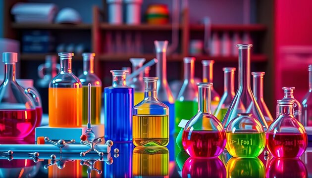 Colorful chemical glassware and molecules on a lab table,   molecular model,   science banner image - Powered by Adobe