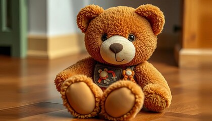 Obraz premium Brown plush bear toy with stitched details, sitting on a wooden floor, cuddly, stitched nose