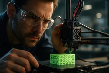 Engineer calibrates multi material 3D printer in high tech lab creating precision prototype with glowing polymers and intricate lattice design