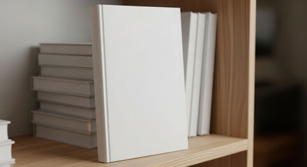 Fototapeta premium Blank book cover mockup displayed amongst other books on a wooden shelf.