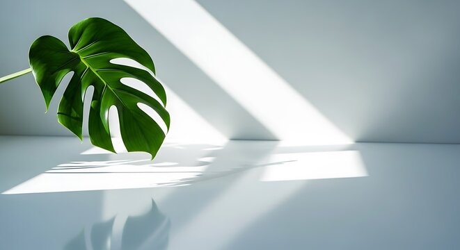 Illustration of monstera leaf casting a shadow on a white surface with dramatic sunlight rays, isolated on white background