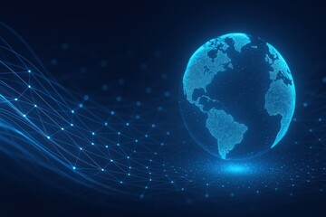 Futuristic abstract technology waves with glowing digital globe network lines and data particles for global business communication backgrounds