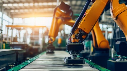 Fototapeta premium Robots Working on Assembly Line in Modern Manufacturing Facility