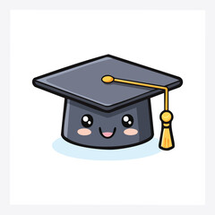Cute cartoon illustration of a graduation cap with a smiling face and a tassel.