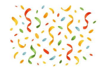 Falling colorful confetti and curling streamers creating a festive celebration background on transparent