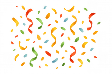 Falling colorful confetti and curling streamers creating a festive celebration background on transparent