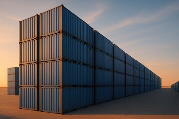 Fototapeta premium Massive stack of blue shipping containers at sunrise with dramatic sky symbolizing global freight logistics and trade