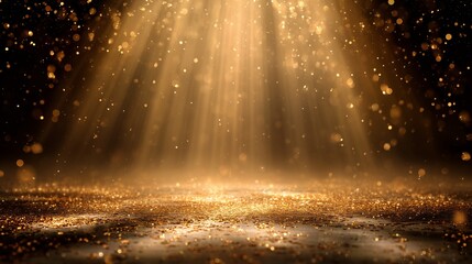 Golden glitter falling like snow with radiant light beams on a dark surface, concept for 2026 New Year's Eve gala, festive season promotion and upscale product launch presentation