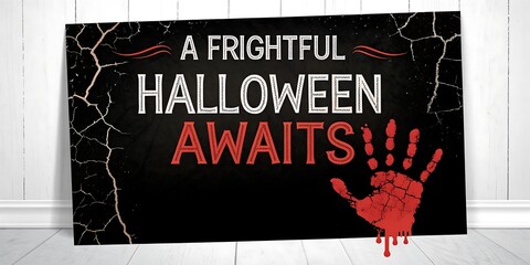 A Halloween sign with "A Frightful Halloween Awaits" text, a bloody handprint, and a cracked texture on a dark background.