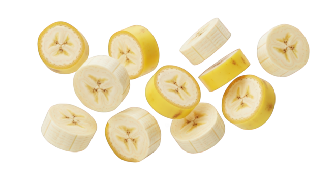 Scattered Slices of Fresh Bananas on a Clear Backdrop, Perfect for Tropical Fruit Designs and Healthy Snack Promotions with Natural Yellow Tones and Texture