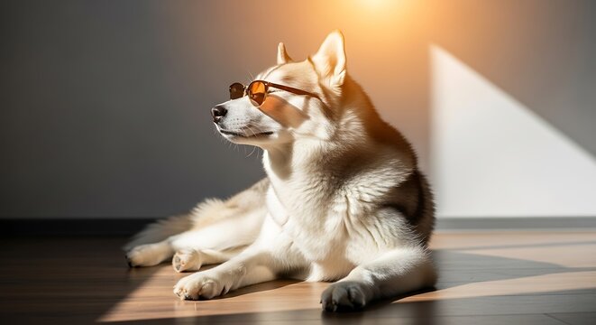 A stylish and cool siberian husky dog wearing sunglasses relaxing indoors with warm sunlight casting dramatic shadows on the wall and floor - Powered by Adobe