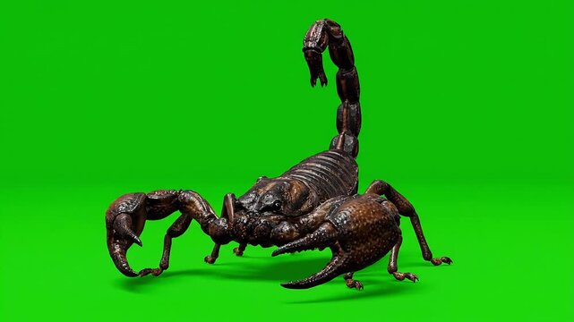 Detailed macro view of a scorpion with raised tail on a vibrant green background.