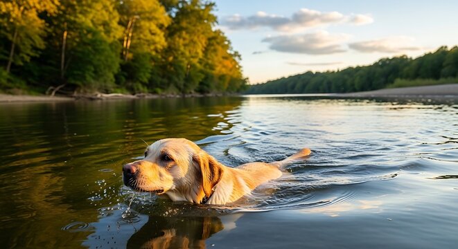 Golden retriever dog happily swimming in a calm river surrounded by lush green trees during a beautiful golden hour sunset