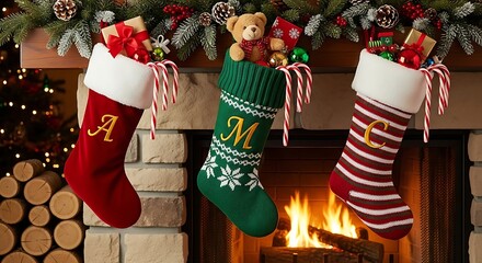 Three christmas stockings hanging over a fireplace with gifts and candy canes, creating a festive holiday scene