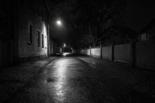 Fototapeta Narrow alleyway at night, bathed in the pale light of a lamp.