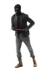 Male thief with crowbar on white background