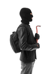 Male thief with crowbar on white background