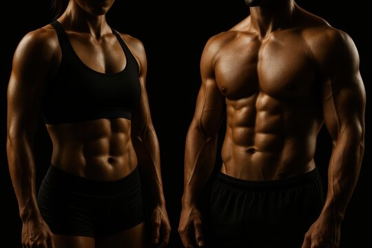 Sculpted athletic couple torsos in dramatic rim light on deep black background with generous copy space for premium gym branding and ads
