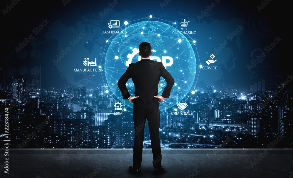 Poster erp platform visual showing centralized system for enterprise resource planning, improving integrati