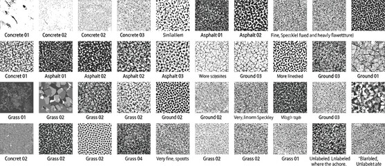 A versatile collection of monochrome surface textures, featuring various patterns of stone, concrete, asphalt, gravel, and organic ground materials for design backgrounds