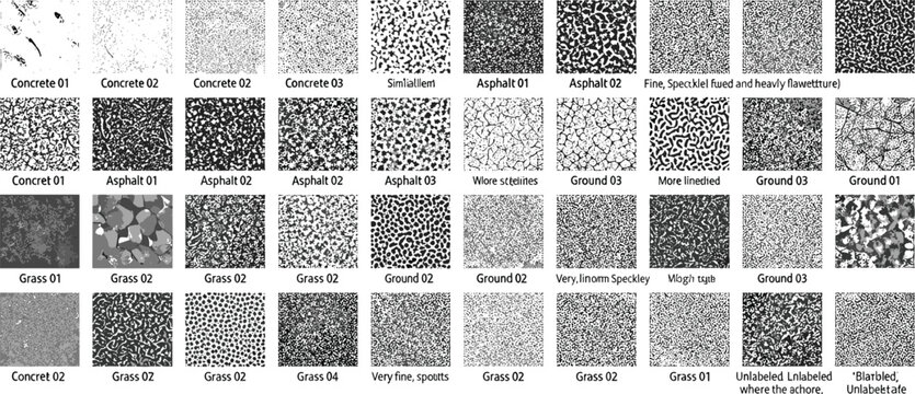 A versatile collection of monochrome surface textures, featuring various patterns of stone, concrete, asphalt, gravel, and organic ground materials for design backgrounds