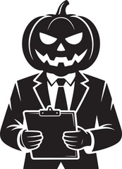 Scary Pumpkin Man Holding Clipboard. Black Silhouette Vector Illustration isolated on Background