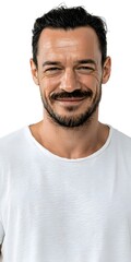 Fototapeta premium A handsome man with a slight smile and a well groomed mustache poses wea a simple white t shirt today.