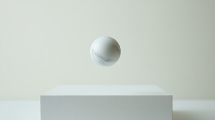 Delicate marble ball hovers gracefully above pristine white surface, creating serene and minimalist aesthetic. soft lighting enhances smooth texture and subtle veining of marble, evoking sense