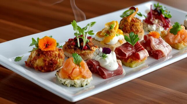 Assorted canap&eacute;s on a white rectangular plate featuring salmon, prosciutto, and various toppings