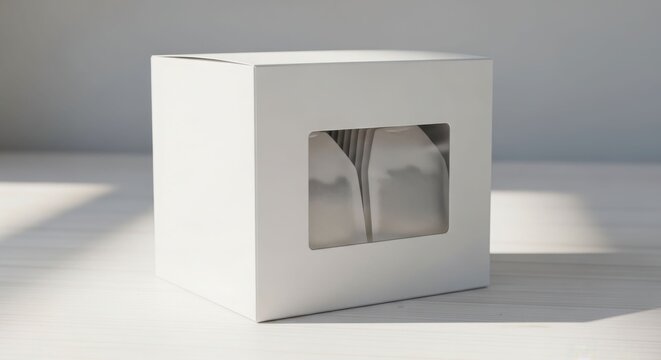 White cardboard box with a windowed display of light gray items.