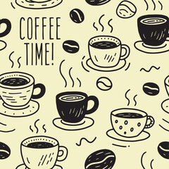 Seamless Coffee Time Pattern with Hand Drawn Cups and Beans 