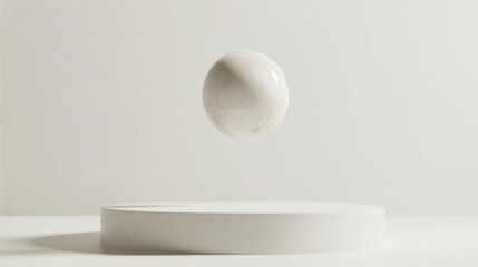 Delicate marble ball hovers gracefully above smooth, flat white platform, creating serene and minimalist aesthetic. soft lighting enhances elegance of scene, evoking sense of calm and tranquility