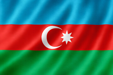 Realistic Azerbaijan Flag Waving in the Wind – Glossy Fabric with Crescent and Eight-Pointed Star


