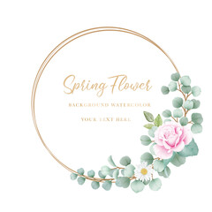 Watercolor flowers rose wreath with golden circle