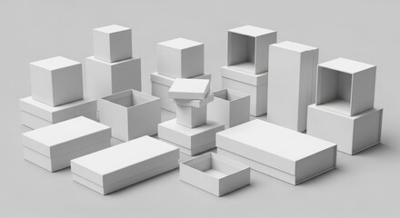 Fototapeta premium Various blank white cardboard boxes arranged in a geometric pattern on a gray background.