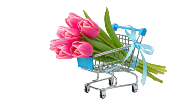 Pink Tulips in a Shopping Cart on a Checkered Background A Delightful Floral Arrangement for Gifts, Celebrations, and Adding a Touch of Spring to Any Space