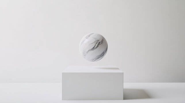 Polished marble ball floats gracefully above minimalist white pedestal, creating serene and modern aesthetic. smooth surface and elegant design evoke sense of calm and sophistication