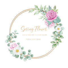 Watercolor flowers rose wreath with golden circle