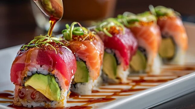 Close up of colorful sushi rolls with avocado and fish on a white rectangular plate with sauce