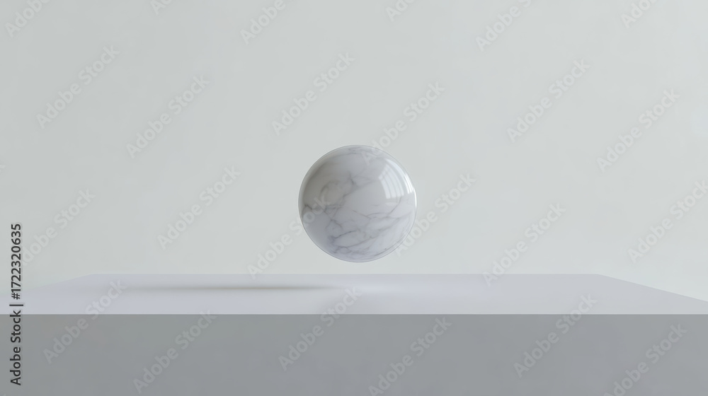Poster small marble ball gently hovering above flat white surface creates serene and minimalist aesthetic. 